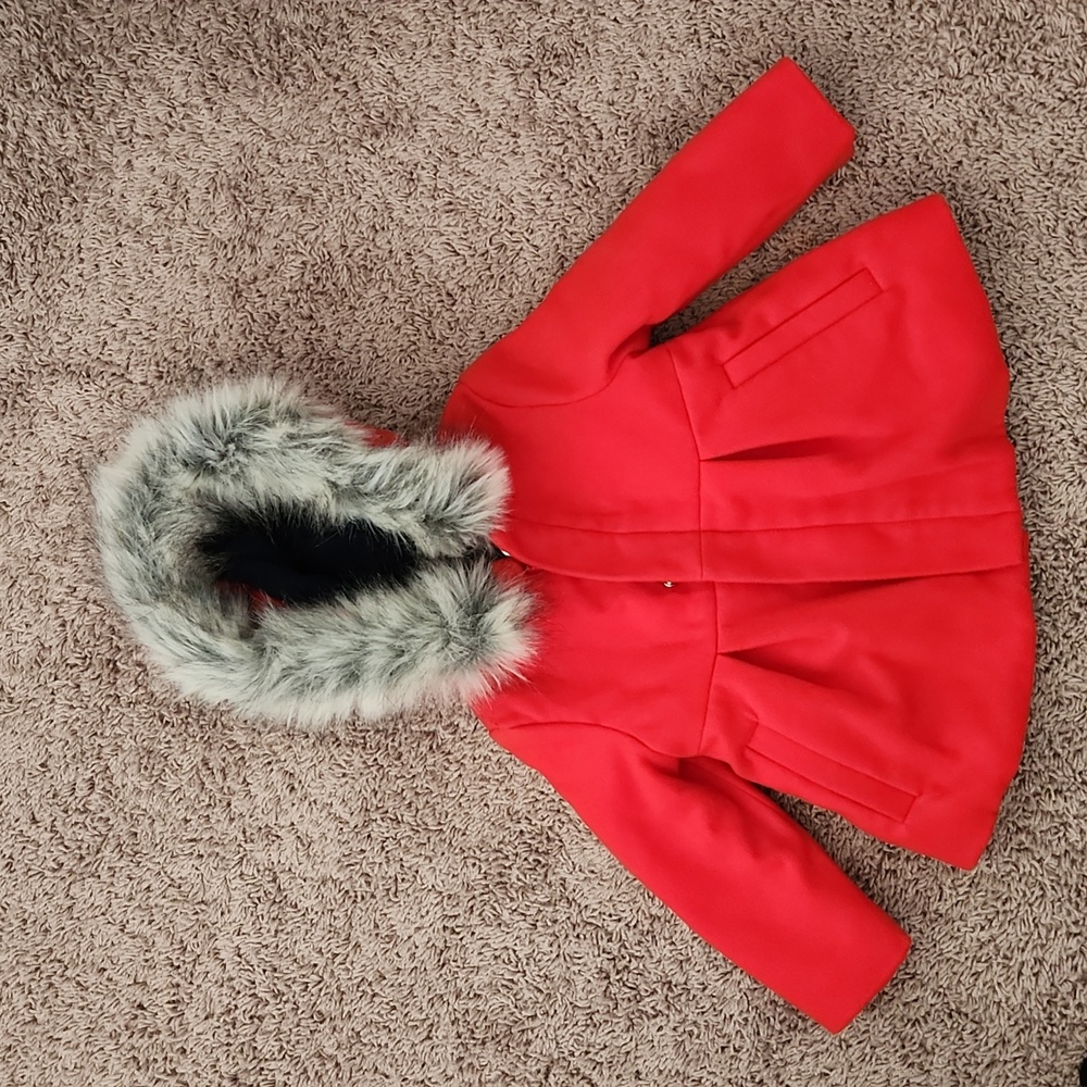 Cat & Jack Red Pea Coat with Faux Fur Hood Trim